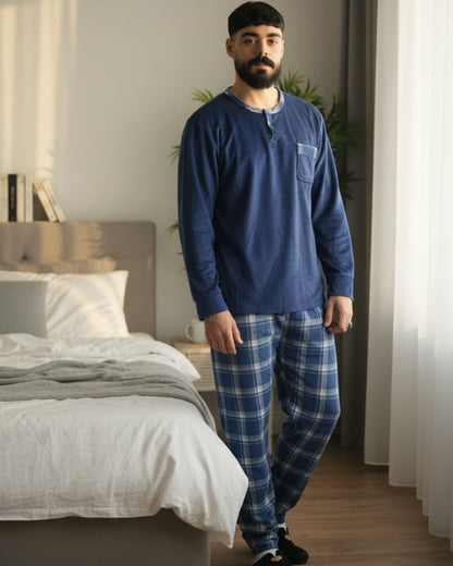 Pyjama homme Bombas — ensemble de nuit confortable — bleu et gris à carreaux.