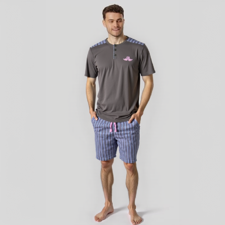 Ensemble Pyjama Homme – T-shirt Boutonné & Short Rayé (Tress)
