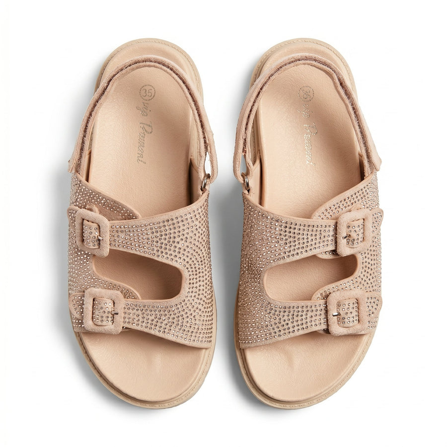 Sandales Fille Beige Sable Strass – Bride Arrière – Importées d'Espagne 🇪🇸