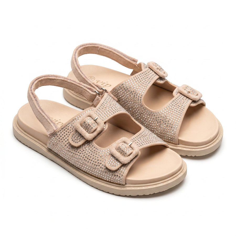 Sandales Fille Beige Sable Strass – Bride Arrière – Importées d'Espagne 🇪🇸