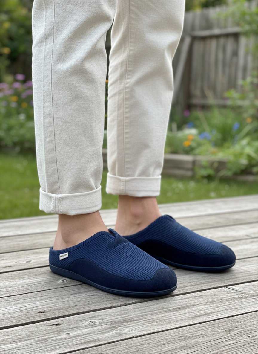 Pantoufle homme hiver bleu marine en tissu côtelé, vue latérale sur fond blanc